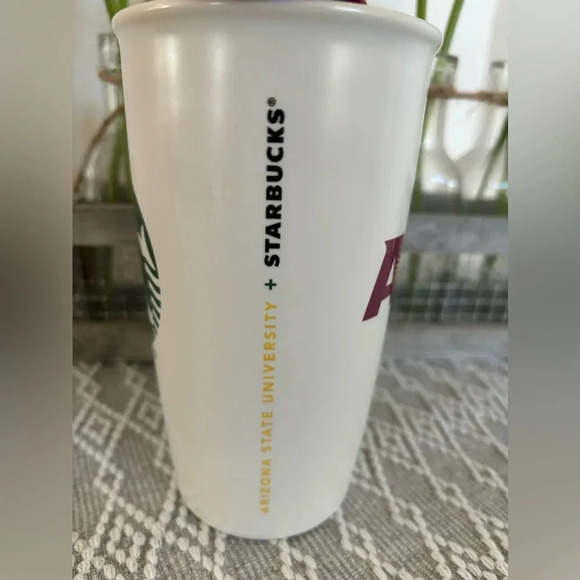 Starbucks ASU Ceramic Coffee Mug. Plastic lid. 12 fl oz. Red, yellow and White. - Picture 2 of 5
